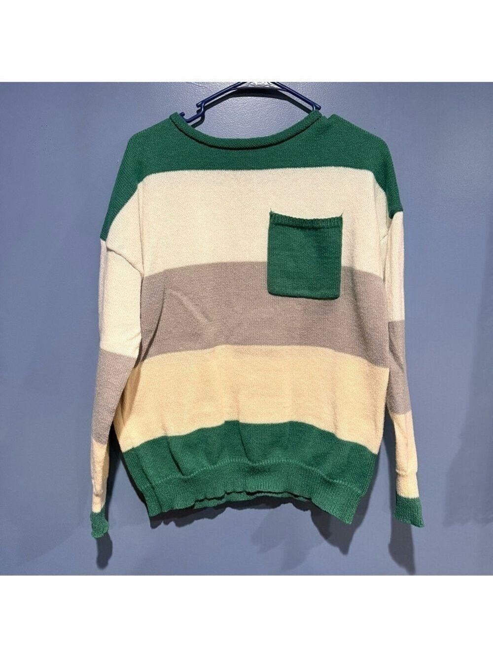 Large Striped Polyester Sweater in Green and Cream